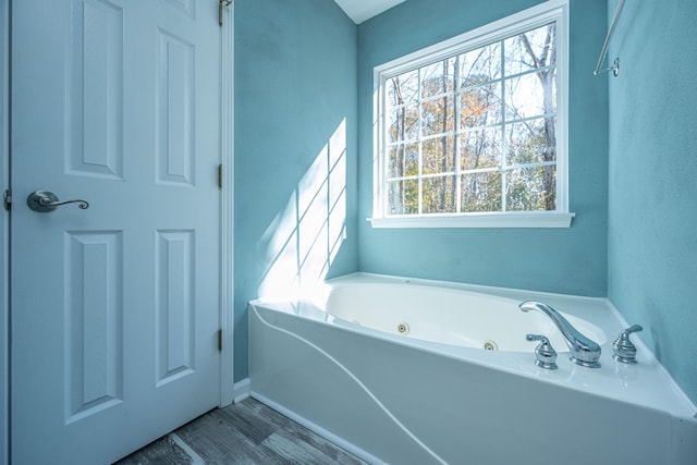 bathroom with a bath and hardwood / wood-style floors