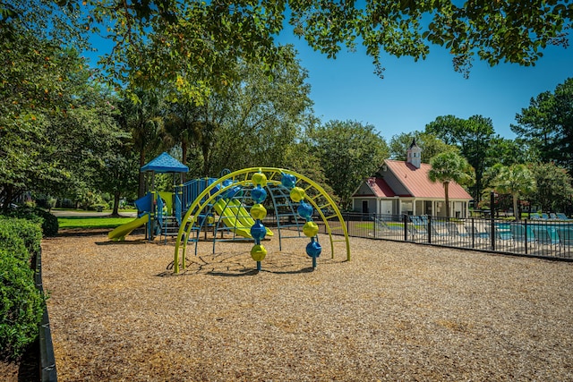 view of play area with a fenced in pool