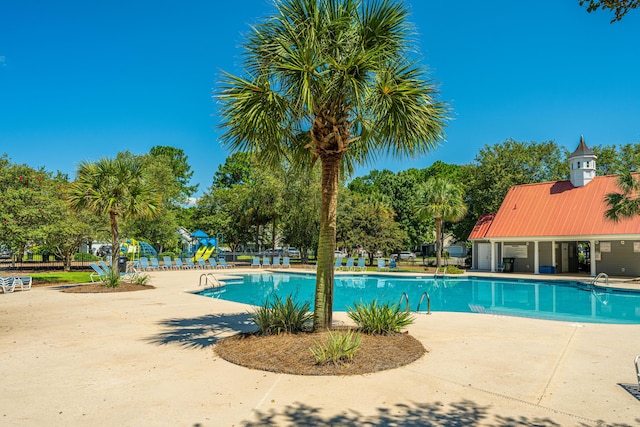 view of pool featuring a patio