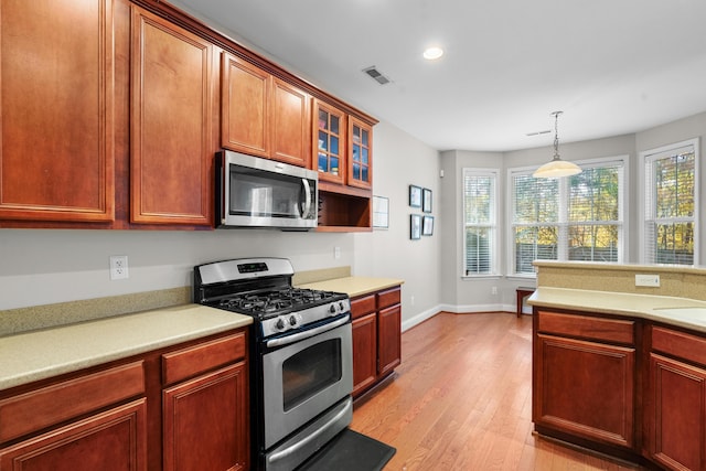 kitchen with appliances with stainless steel finishes, light hardwood / wood-style floors, hanging light fixtures, and sink