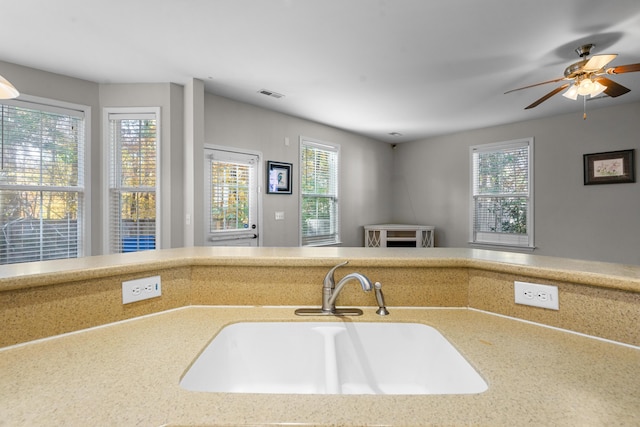 kitchen featuring ceiling fan, a healthy amount of sunlight, and sink