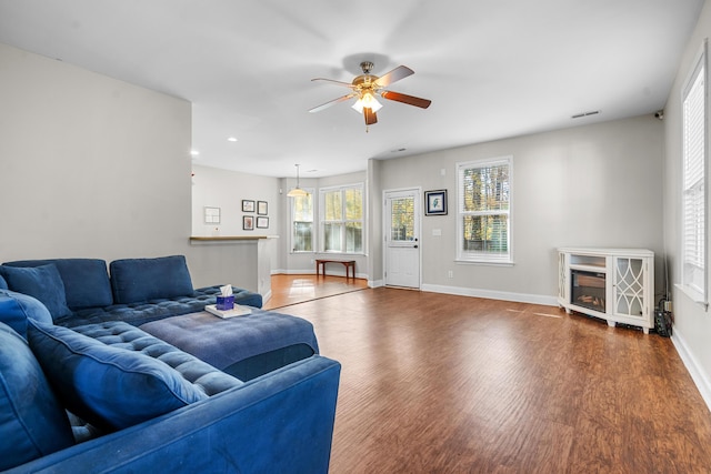 living room featuring ceiling fan and dark wood-type flooring