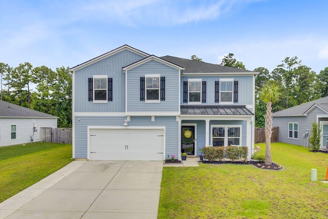 493 Spanish Wells Rd, Summerville, SC 29486 - traditional home featuring an attached garage, driveway, a standing seam roof, a metal roof, and board and batten siding