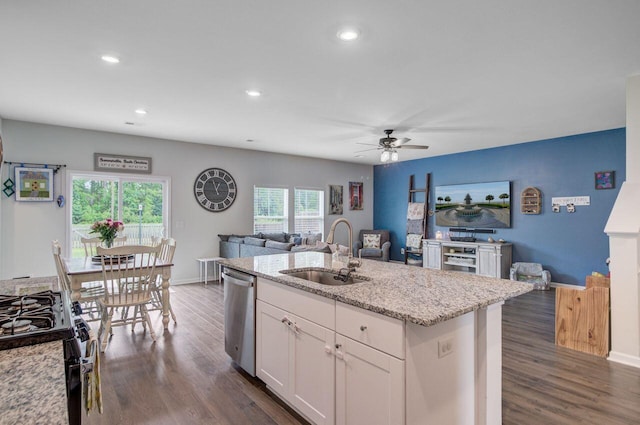493 Spanish Wells Rd, Summerville, SC 29486 - kitchen featuring stainless steel appliances, a ceiling fan, dark wood finished floors, white cabinets, and open floor plan