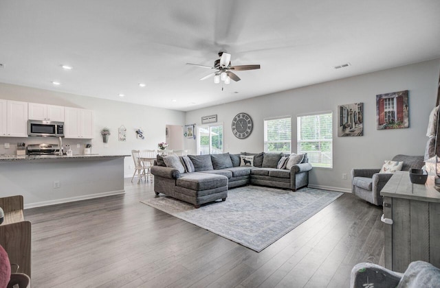 493 Spanish Wells Rd, Summerville, SC 29486 - living room with recessed lighting, a ceiling fan, and dark wood finished floors
