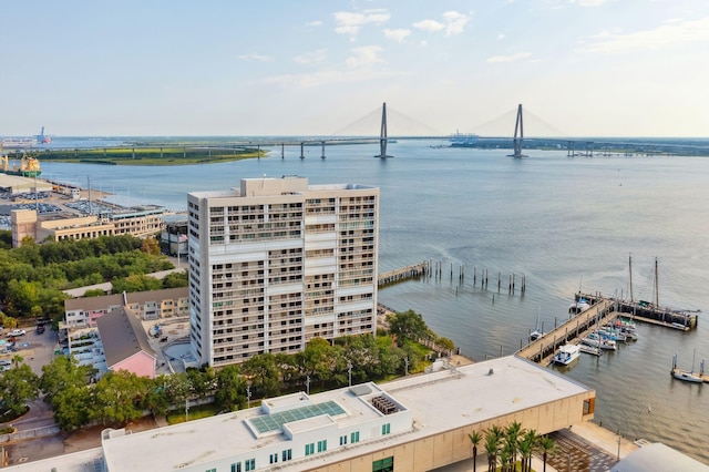 drone / aerial view with a water view