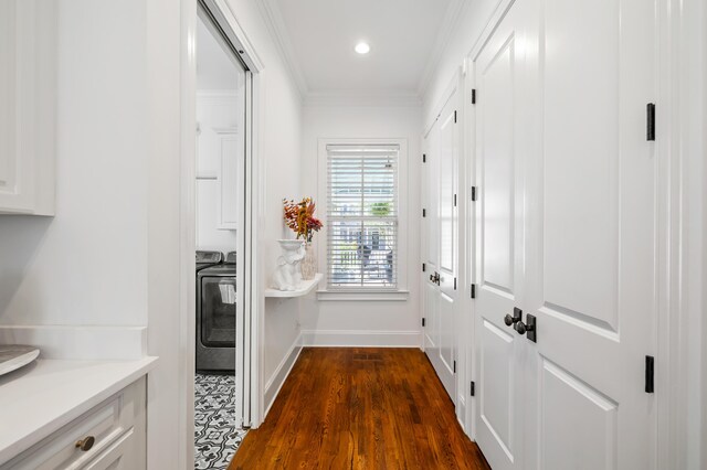 4009 E Amy Ln, Johns Island, SC 29455 - doorway with washer / dryer, crown molding, baseboards, dark wood-type flooring, and recessed lighting