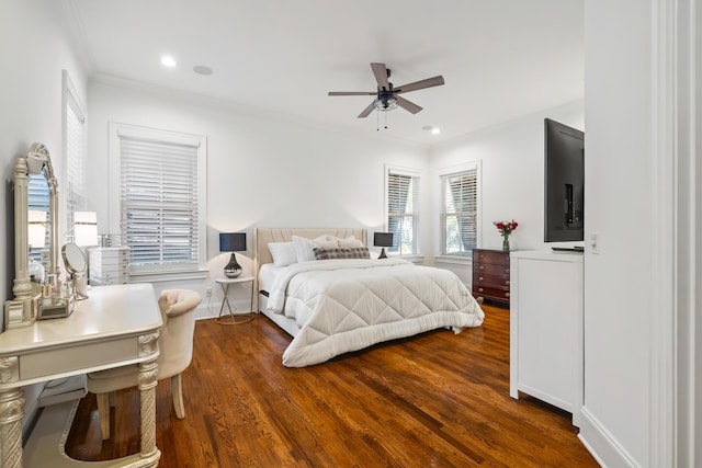 4009 E Amy Ln, Johns Island, SC 29455 - bedroom with wood finished floors, crown molding, recessed lighting, and ceiling fan