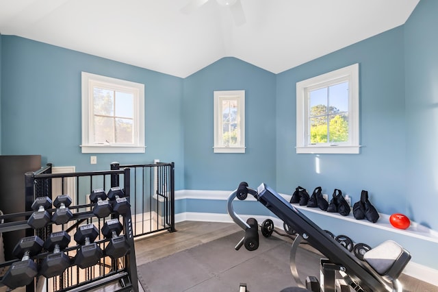 4009 E Amy Ln, Johns Island, SC 29455 - exercise room featuring healthy amount of natural light, a ceiling fan, vaulted ceiling, and baseboards