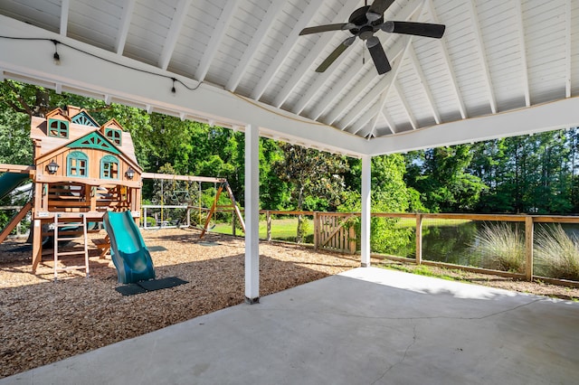 4009 E Amy Ln, Johns Island, SC 29455 - view of patio / terrace with ceiling fan, a playground, fence, and view of scattered trees