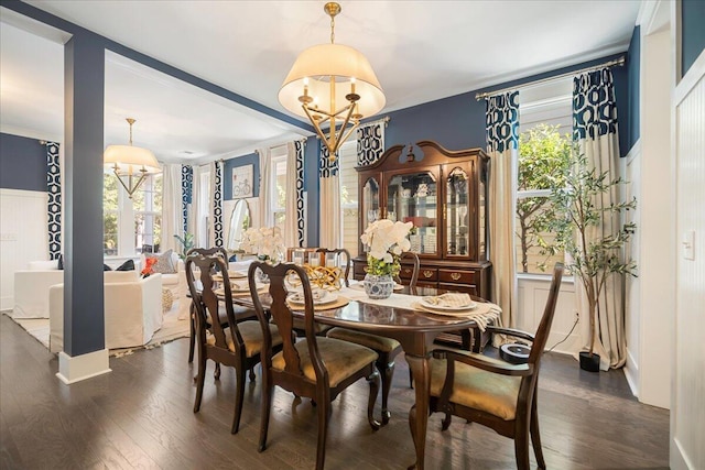 dining space with a chandelier, a wealth of natural light, and dark hardwood / wood-style flooring