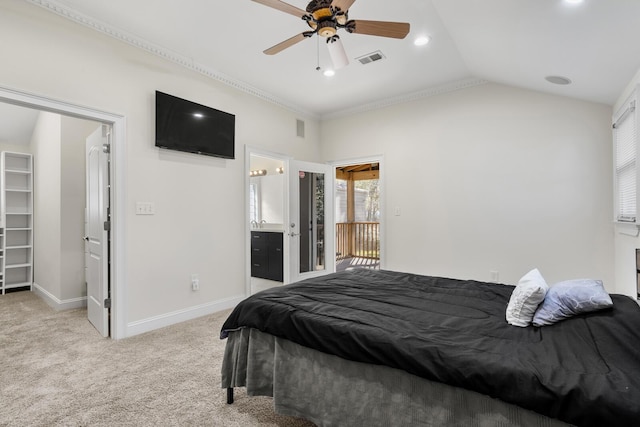 carpeted bedroom featuring visible vents, baseboards, lofted ceiling, a walk in closet, and recessed lighting