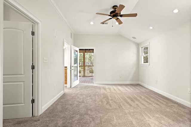 carpeted empty room with crown molding, recessed lighting, a ceiling fan, and baseboards