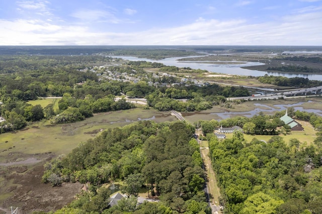 drone / aerial view with a water view and a view of trees