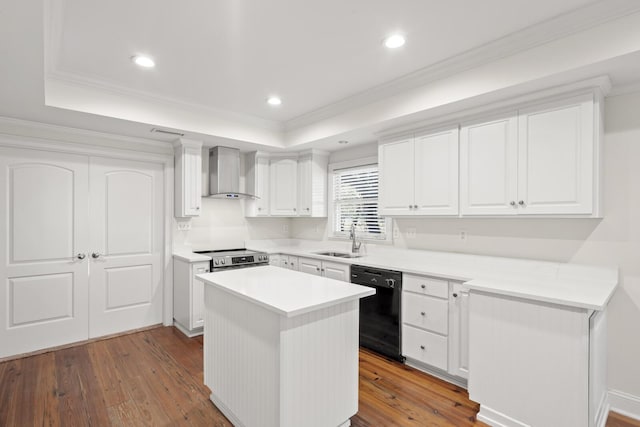 kitchen with dishwasher, wall chimney exhaust hood, a tray ceiling, and a sink