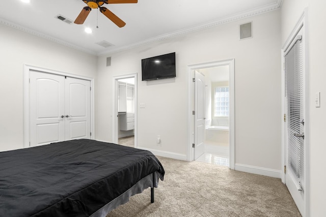 bedroom with light carpet, a closet, visible vents, and crown molding