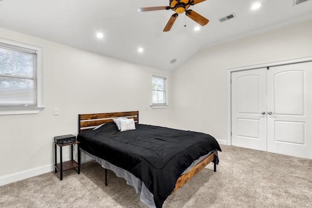 bedroom with light carpet, baseboards, visible vents, and recessed lighting