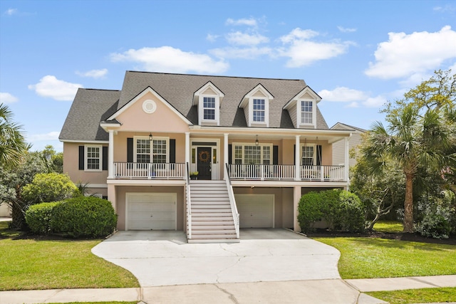3526 Stockton Dr, Mount Pleasant, SC 29466 - raised beach house with an attached garage, covered porch, stucco siding, stairs, and driveway