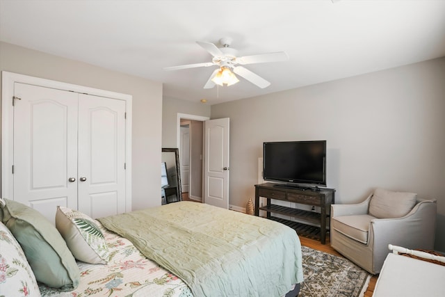 3526 Stockton Dr, Mount Pleasant, SC 29466 - bedroom with baseboards, a closet, a ceiling fan, and wood finished floors