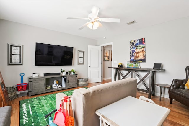 3526 Stockton Dr, Mount Pleasant, SC 29466 - living room with visible vents, ceiling fan, wood finished floors, and baseboards