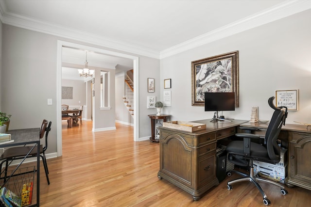 3526 Stockton Dr, Mount Pleasant, SC 29466 - office space with light wood finished floors, crown molding, an inviting chandelier, and baseboards