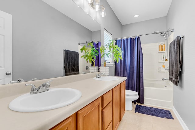 252 Island Green Rd, Goose Creek, SC 29445 - bathroom featuring toilet, shower / tub combo, double vanity, tile patterned floors, and baseboards