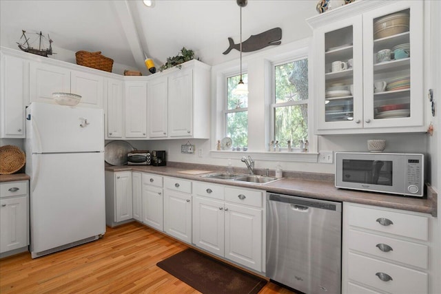 kitchen featuring dishwasher, white cabinets, sink, light hardwood / wood-style flooring, and white refrigerator