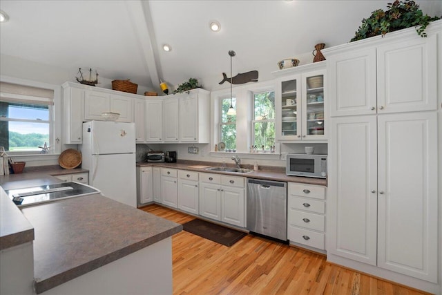 kitchen featuring dishwasher, decorative light fixtures, white refrigerator, white cabinets, and light wood-type flooring