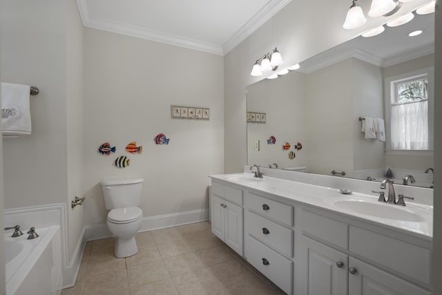 bathroom with toilet, a tub to relax in, tile patterned floors, ornamental molding, and vanity