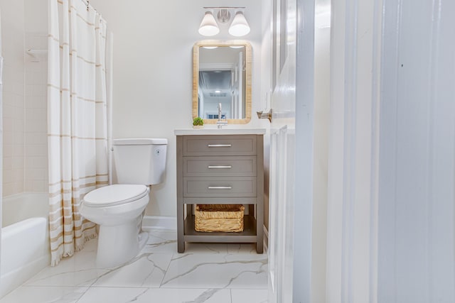bathroom featuring vanity, toilet, marble finish floor, shower / bath combo with shower curtain, and baseboards
