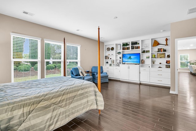 bedroom featuring multiple windows and dark hardwood / wood-style flooring