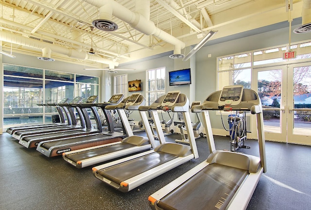 exercise room featuring french doors and a healthy amount of sunlight