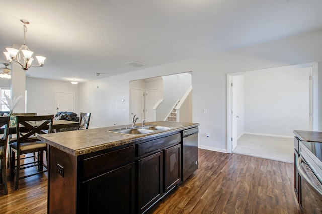 491 Fox Sparrow Ct, Summerville, SC 29486 - kitchen with a sink, a chandelier, dishwasher, a kitchen island with sink, and dark wood-style flooring