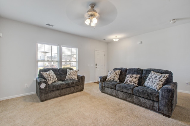 491 Fox Sparrow Ct, Summerville, SC 29486 - carpeted living area with baseboards, ceiling fan, and visible vents