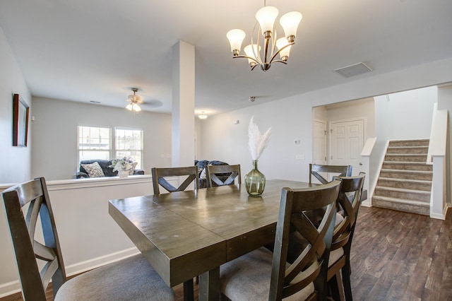 491 Fox Sparrow Ct, Summerville, SC 29486 - dining space with stairs, ceiling fan with notable chandelier, dark wood-style floors, baseboards, and visible vents