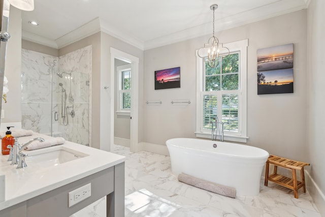 bathroom featuring a wealth of natural light, marble finish floor, a marble finish shower, and ornamental molding