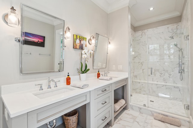 full bathroom with a marble finish shower, marble finish floor, crown molding, and a sink