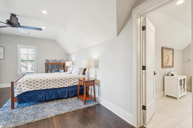 bedroom with baseboards, vaulted ceiling, recessed lighting, wood finished floors, and a ceiling fan