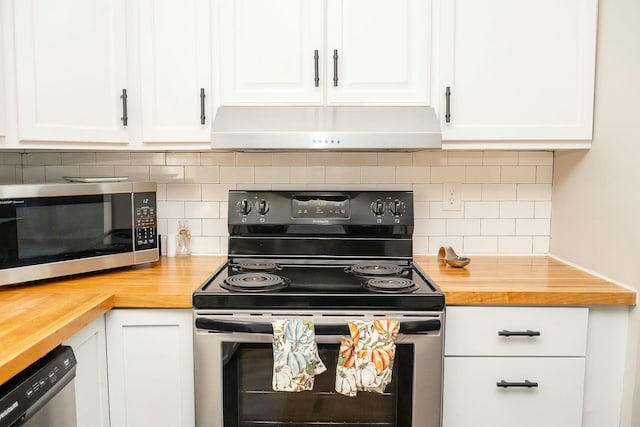 407 Tammie Ave, Goose Creek, SC 29445 - kitchen with white cabinets, stainless steel appliances, under cabinet range hood, and butcher block counters