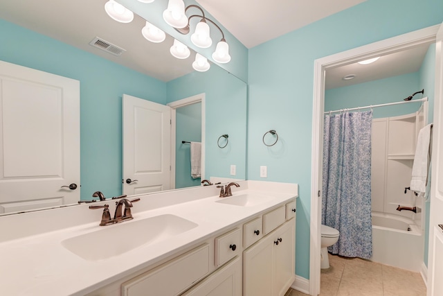 full bathroom featuring tile patterned floors, vanity, shower / tub combo, and toilet