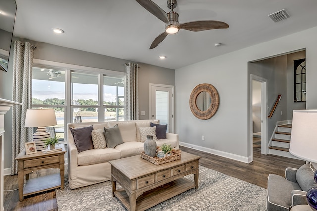 451 White Magnolia St, Moncks Corner, SC 29461 - living area with ceiling fan, baseboards, wood finished floors, recessed lighting, and stairway