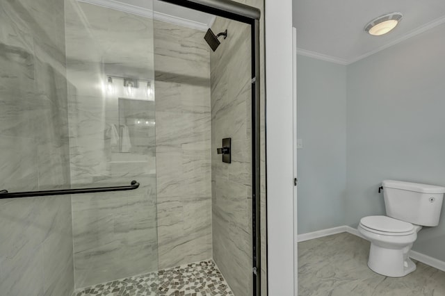 bathroom with walk in shower, ornamental molding, and toilet