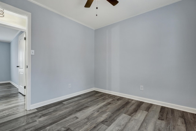 empty room with wood-type flooring, ceiling fan, and crown molding