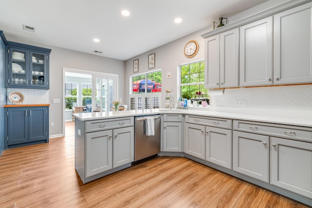 261 Mossy Oak Way, Mount Pleasant, SC 29464 - kitchen with dishwasher, a peninsula, gray cabinetry, plenty of natural light, and recessed lighting