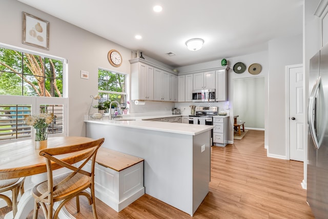 261 Mossy Oak Way, Mount Pleasant, SC 29464 - kitchen with stainless steel appliances, a peninsula, light countertops, light wood-style flooring, and recessed lighting