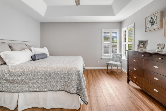 261 Mossy Oak Way, Mount Pleasant, SC 29464 - bedroom featuring a tray ceiling, light wood-style floors, a skylight, and baseboards
