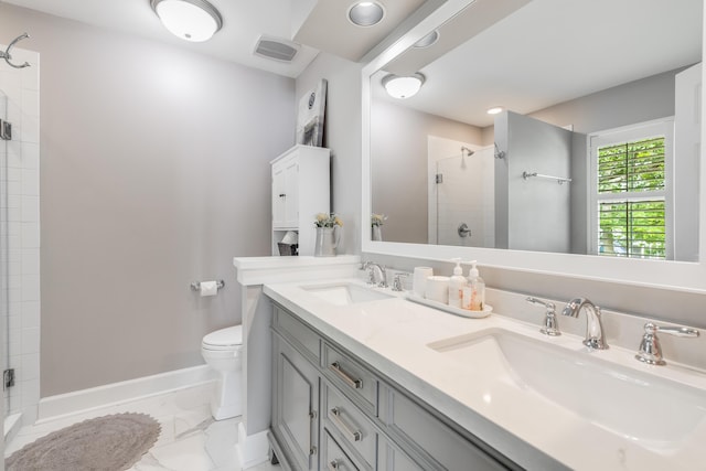 261 Mossy Oak Way, Mount Pleasant, SC 29464 - bathroom with a stall shower, marble look tile flooring, toilet, double vanity, and baseboards