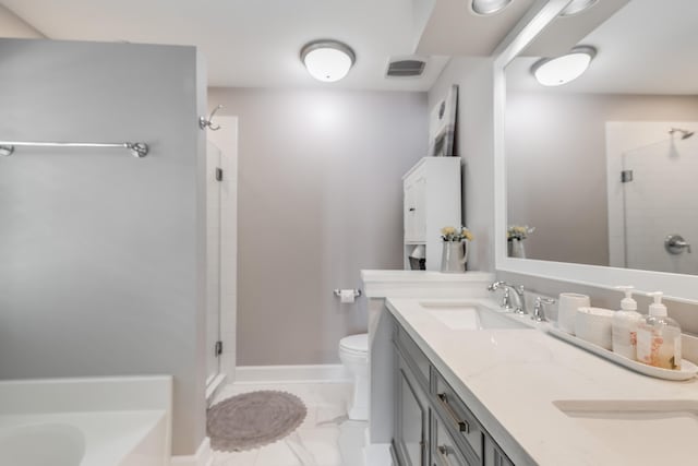 261 Mossy Oak Way, Mount Pleasant, SC 29464 - bathroom featuring a stall shower, marble look tiles, a garden tub, toilet, and double vanity