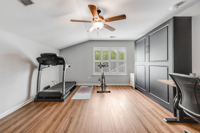 261 Mossy Oak Way, Mount Pleasant, SC 29464 - workout area with a ceiling fan, light wood finished floors, baseboards, and lofted ceiling