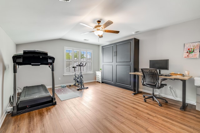 261 Mossy Oak Way, Mount Pleasant, SC 29464 - exercise area featuring a ceiling fan, light wood-style floors, baseboards, and lofted ceiling